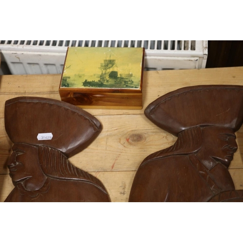 103 - Pair of large Honduran wooden plaques depicting a man and a woman and a Honduran small wooden tray, ... 