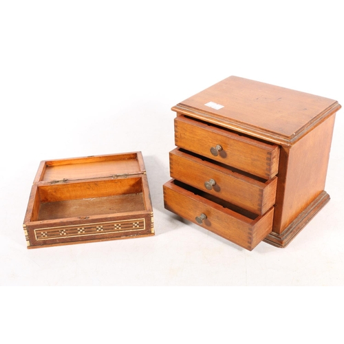 139 - Wooden jewellery casket with three drawers and another box.