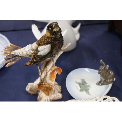 143 - Royal Copenhagen figural dish, a continental porcelain model of a bird and an early 20th century Mei... 