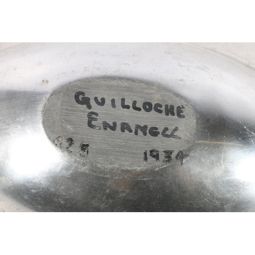 157 - Modernist chrome and guilloche enamel long bowl, signed to base 'Guilloche Enamel 1934', 39cm.