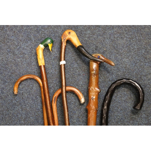 165 - Six walking sticks and canes, some with bird handles.