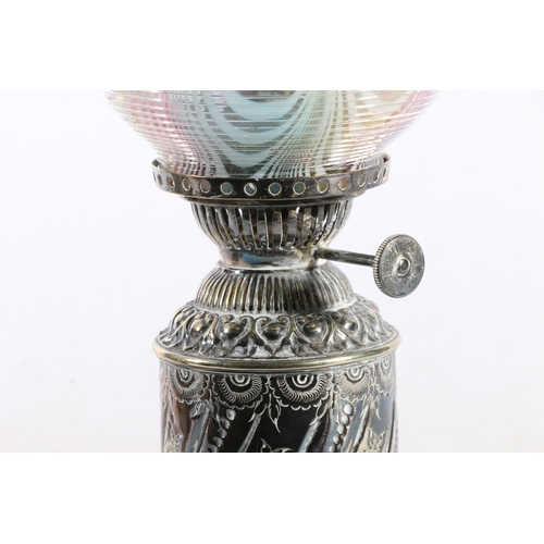 318 - Pair of silver-plated paraffin lamps with coloured handkerchief glass shades