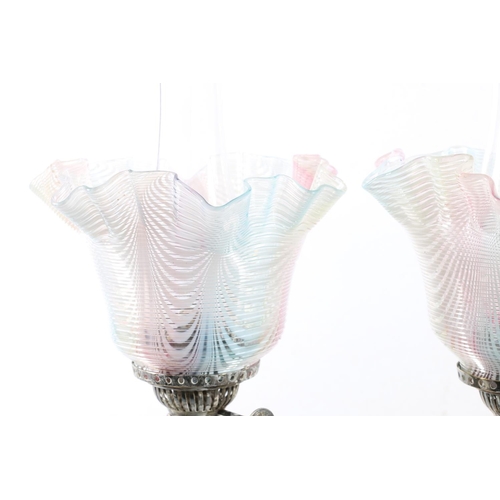 Pair of silver-plated paraffin lamps with coloured handkerchief glass ...