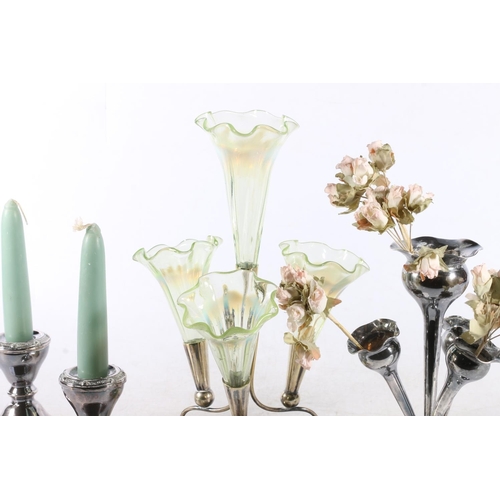 325 - Silver plated epergne with Vaseline glass trumpet vases and others.