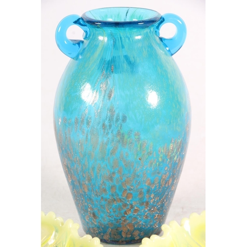 340 - Studio art glass twin handled vase with blue and gold coloured design and two green Vaseline glass d... 