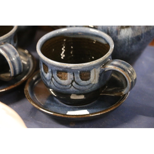 45 - Blue glazed Studio Pottery part teaset, a die-cast model vehicle and reproduction postcards and gree... 