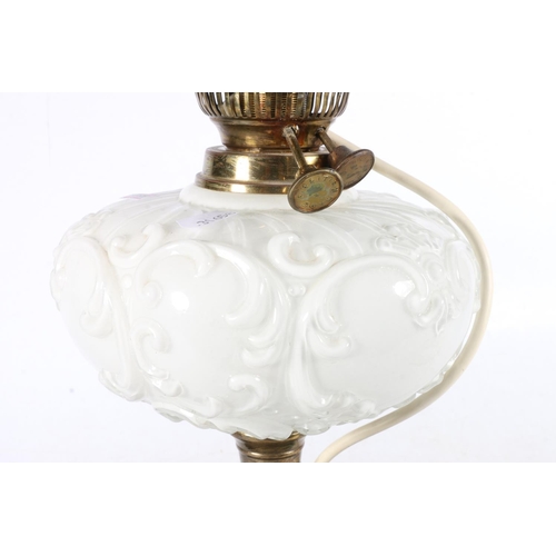 75 - Early 20th century oil lamp with white glass reservoir on brass stem and black terracotta plinth bas... 