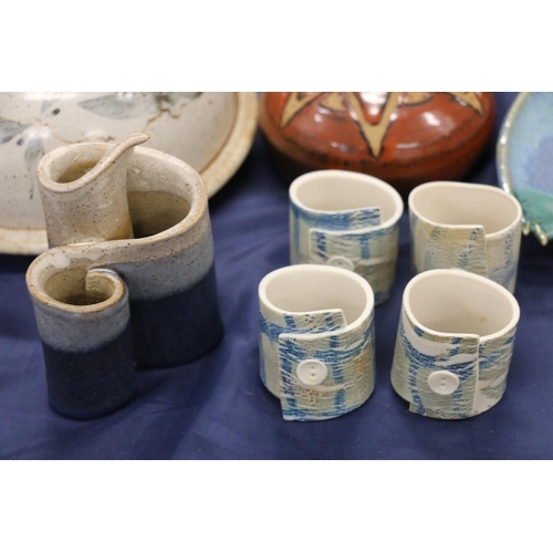 85 - Studio Pottery to include a dove shaped dish in blue and green glaze, an Argyll Pottery butter dish,... 