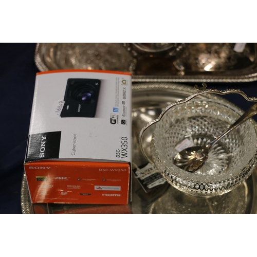 93 - Silver-plate, a glass decanter, etc. and a Sony WX350 Cybershot camera.