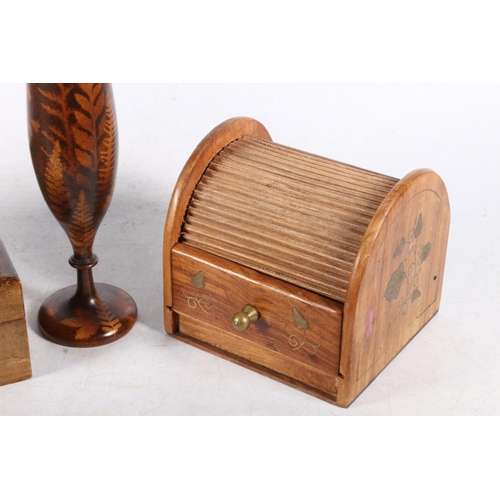 96 - Early 20th century treen table box carved with Gothic style ornamental decoration, a roll-top cigare... 