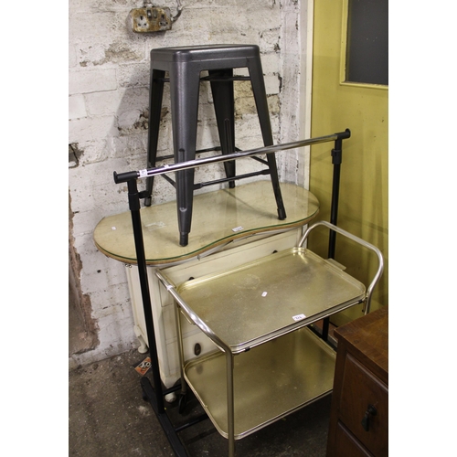 726 - Metal stool, a dressing table, a chest of drawers, a tea trolley and a clothes rack.