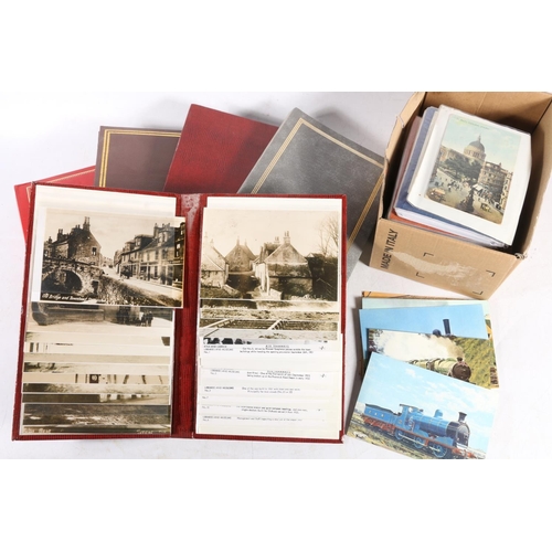 647 - Yellow plastic box of postcards to include much Scottish topographical, also locomotives and train i... 