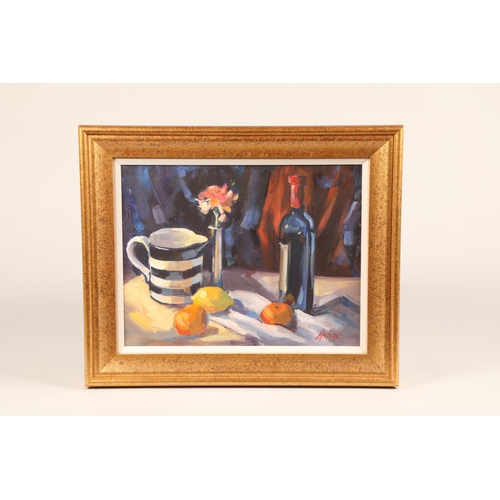 368 - Joan Lawson (Scottish 20th century) ARR Framed oil on board, signed 'Still Life, Fruit and a Bottle ... 