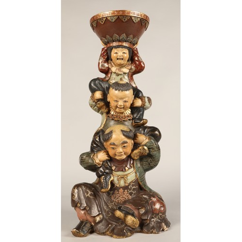 208 - Pair of Chinese pottery figure stands, each with a figure with two children on their shoulders suppo... 