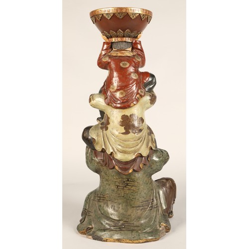 208 - Pair of Chinese pottery figure stands, each with a figure with two children on their shoulders suppo... 