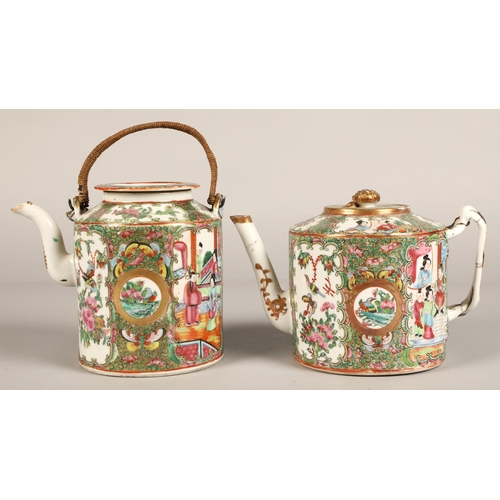 213 - Two Canton teapots, each decorated with figure and floral panels.