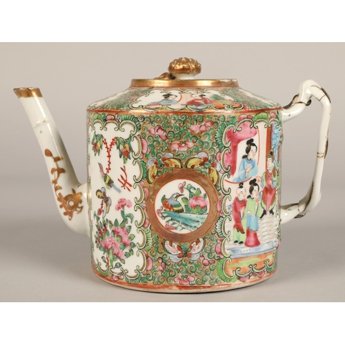 213 - Two Canton teapots, each decorated with figure and floral panels.