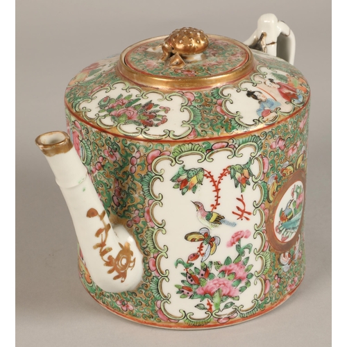 213 - Two Canton teapots, each decorated with figure and floral panels.