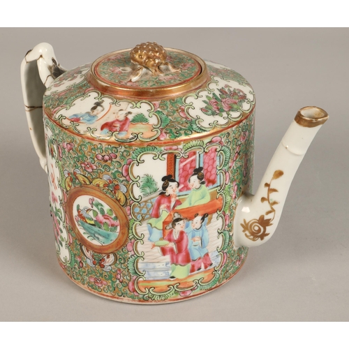 213 - Two Canton teapots, each decorated with figure and floral panels.