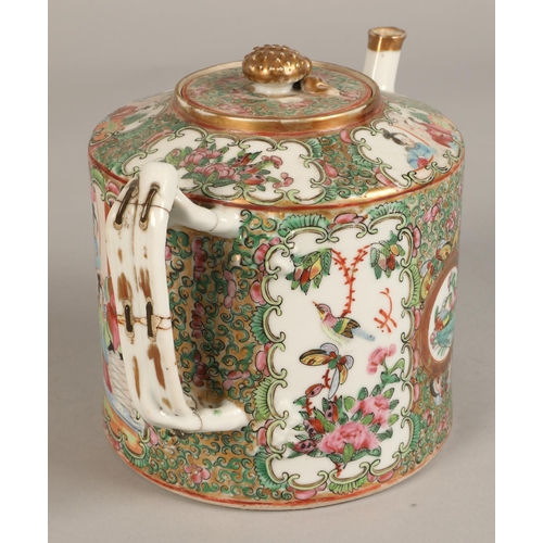 213 - Two Canton teapots, each decorated with figure and floral panels.