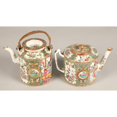 213 - Two Canton teapots, each decorated with figure and floral panels.