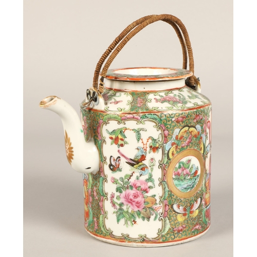 213 - Two Canton teapots, each decorated with figure and floral panels.