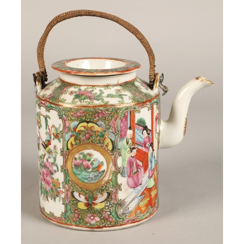 213 - Two Canton teapots, each decorated with figure and floral panels.