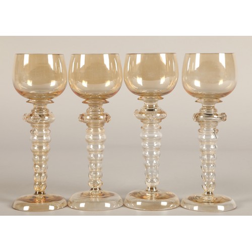 238 - Set of four hock glasses with bubble glass stems 19.5cm high.