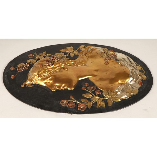 257 - Pair of oval Art Nouveau gilt metal figure bust wall plaques (possibly Glasgow School), 60 cm high, ... 