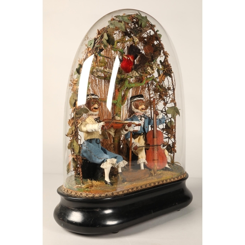 272 - An antique musical automaton under a glass dome, two monkey musicians, a violinist, and a cello play... 