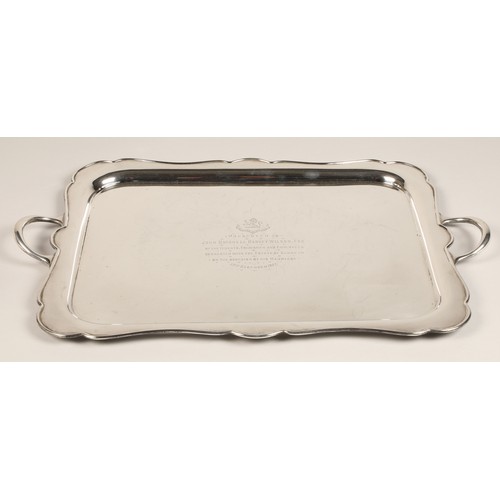 186 - Large twin handled silver tray, assay marked Sheffield 1927, inscribed ',Presented to John Mitchell ... 