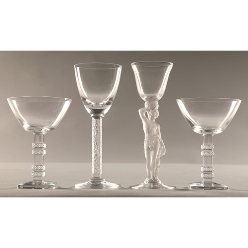 230 - Seven various Lalique glasses, etched Lalique to the base, Bachus France glass (8)