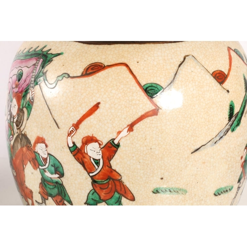 196 - Chinese crackle glaze ginger jar decorated with warrior figures, and two other smaller Chinese ginge... 