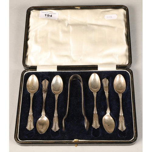 194 - Six silver teaspoons, Sheffield, and EP tongs