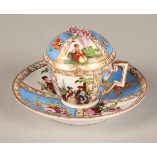 159 - Dresden Augustus Rex mark hot chocolate cup and saucer, damage to lid