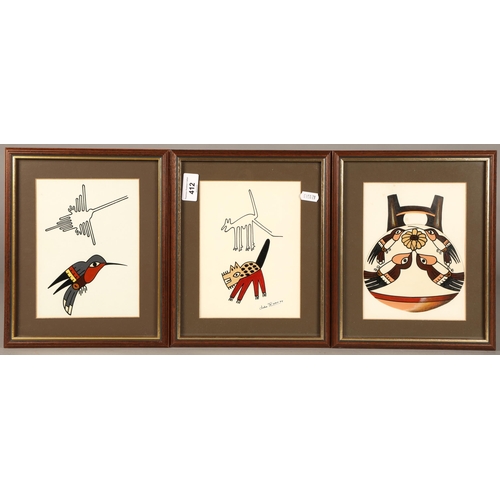 Julio Ramos, three framed works, one signed '94, each 19cm x14cm, 28cm ...