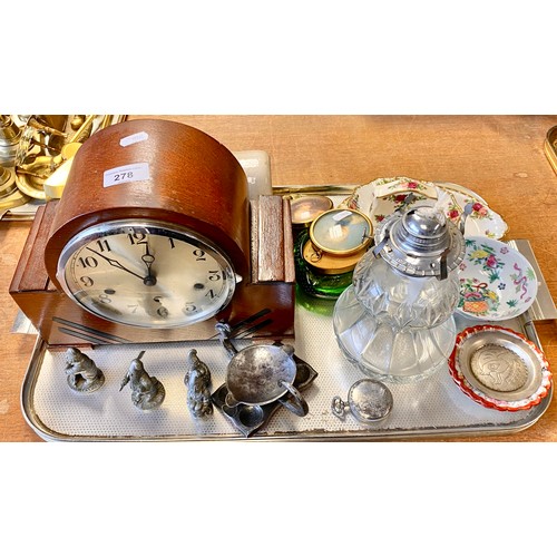 278 - Assorted pewter trinkets, vintage mantle clock, replica miniatures, old country roses, oil lamp, etc