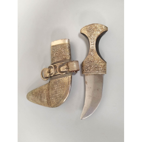 347 - Early 20th century Arabic unmarked white metal Jambiya dagger with repousse mounts and horn handle.&... 