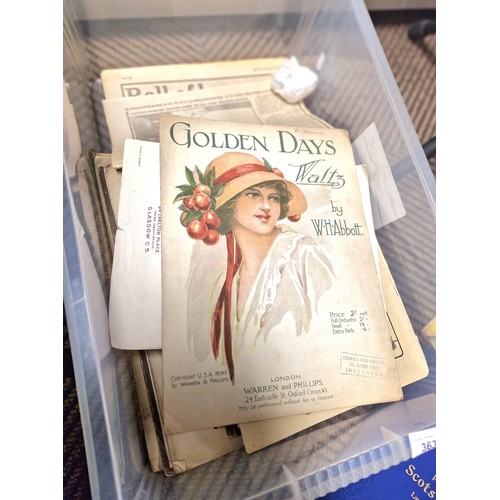 363 - Large box of vintage sheet music, assorted magazines, Picture Post, etc, and two vintage dolls