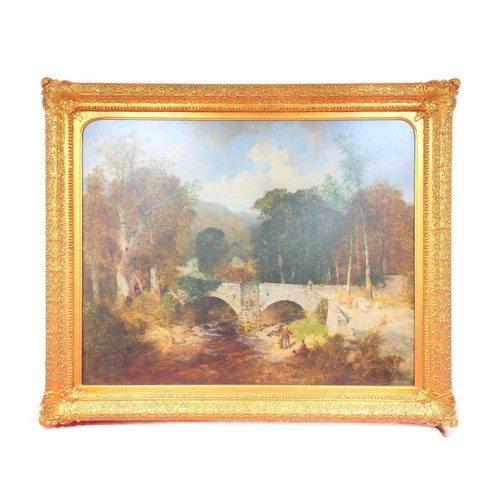 234 - William James Blacklock.Double arch river bridge in an upland landscape with angler, other figures &... 