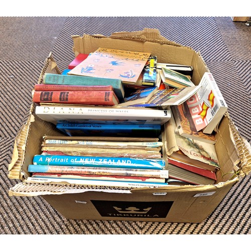 340 - Large box of assorted vintage books including languages and travel, childrens annuals, etc