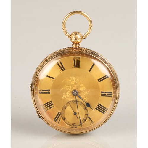 123 - Gents 18ct gold open face pocket watch, engraved dial with roman numerals, with seconds subsidiary d... 