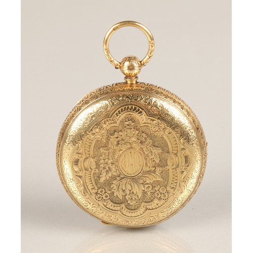 123 - Gents 18ct gold open face pocket watch, engraved dial with roman numerals, with seconds subsidiary d... 