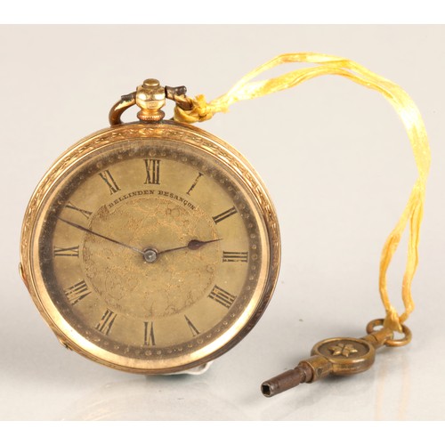 124 - Ladies 18k gold continental open face pocket watch, engraved foliate dial with roman numeral hour ma... 