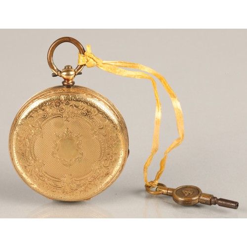 124 - Ladies 18k gold continental open face pocket watch, engraved foliate dial with roman numeral hour ma... 