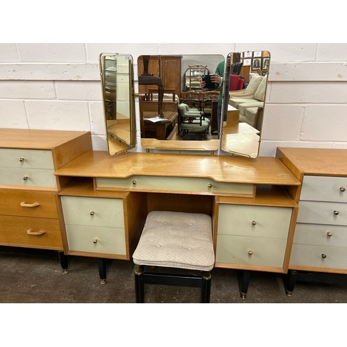 595 - G Plan mid century bedroom suite including tall and short chests of drawers, six over four dresser, ... 