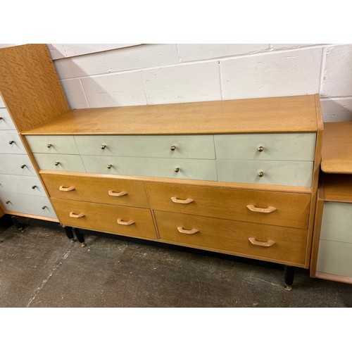 595 - G Plan mid century bedroom suite including tall and short chests of drawers, six over four dresser, ... 