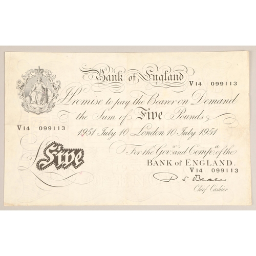 157 - Bank of England Five Pound Note, July 10 1951,V14 099113.