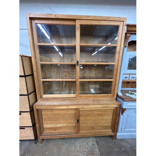 615 - Contemporary hard wood glazed book case over cupboard with interior lights 149 x 220 x 50 cm 