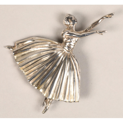 101 - Silver brooch in the form of a ballerina by D H Phillips, Birmingham 1947, 7.2 cm long, 6 cm wide.